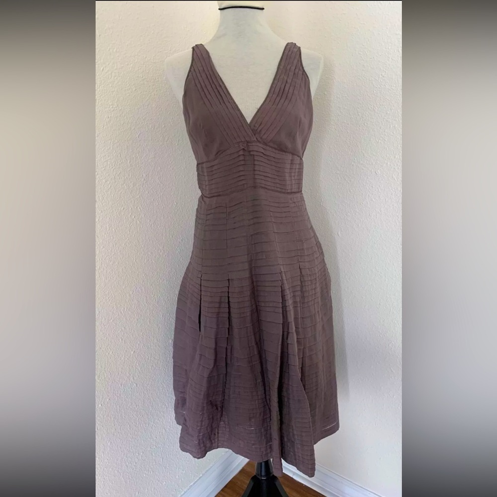 Anthropology Solitaire Women Taupe Gray Tiered Pleated A-Line Ruffled Dress Sz M